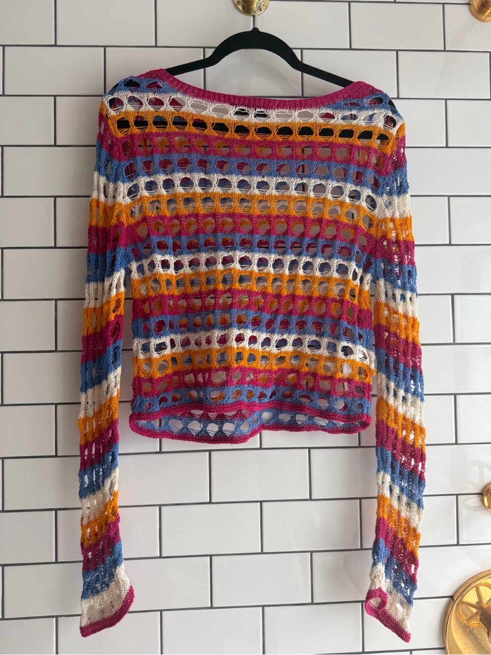 Mango Multicolor Open-Knit Off-Shoulder Sweater - Pink, Blue, Yellow, White - Picture 6 of 6